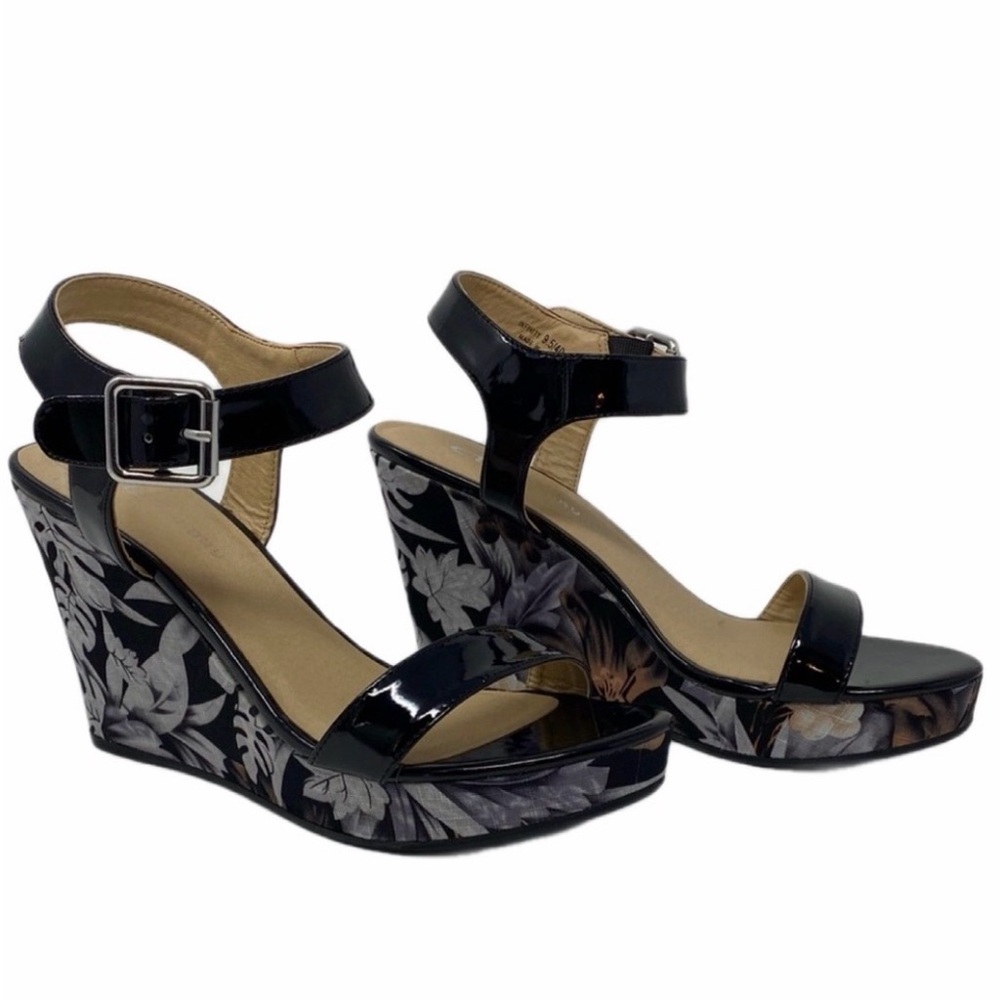 CL by Laundry Infinity Black Patent Floral Platform Wedge Sandals Size 9.5